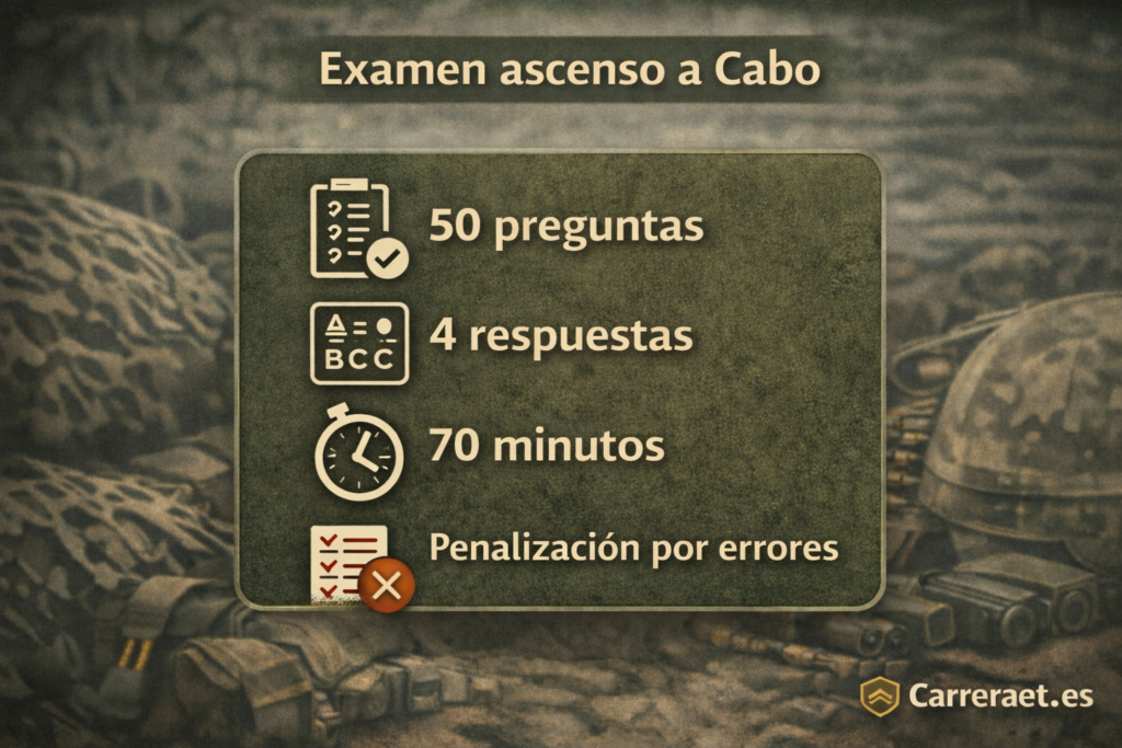 Esquema del examen de ascenso a Cabo en el Ejército de Tierra con 50 preguntas tipo test, 4 respuestas por pregunta, duración de 70 minutos y penalización por errores